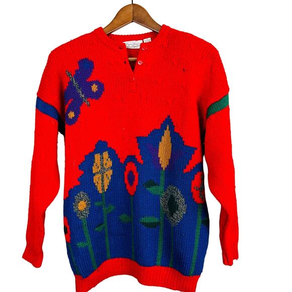 Vintage Jayson Younger Mid Mod Floral Print Sweater Long Sleeve Red - M - Picture 1 of 6